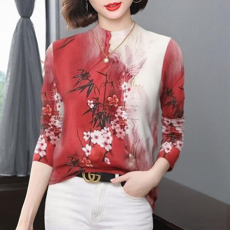 2025 Stylish Long-Sleeved High-Neck Printed Base Layer for Middle-Aged and Elderly Women, Tummy-Concealing, Versatile, and Warm Top
