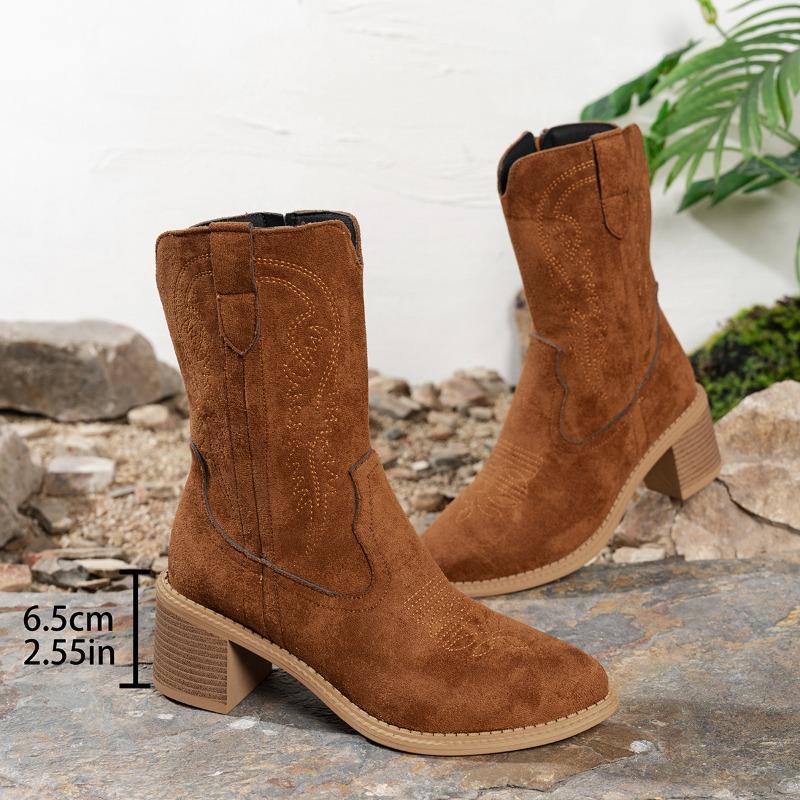 Women's boots 25 autumn and winter new V-mouth embroidered side zipper thick heel knight boots retro medium tube pointed western cowboy boots