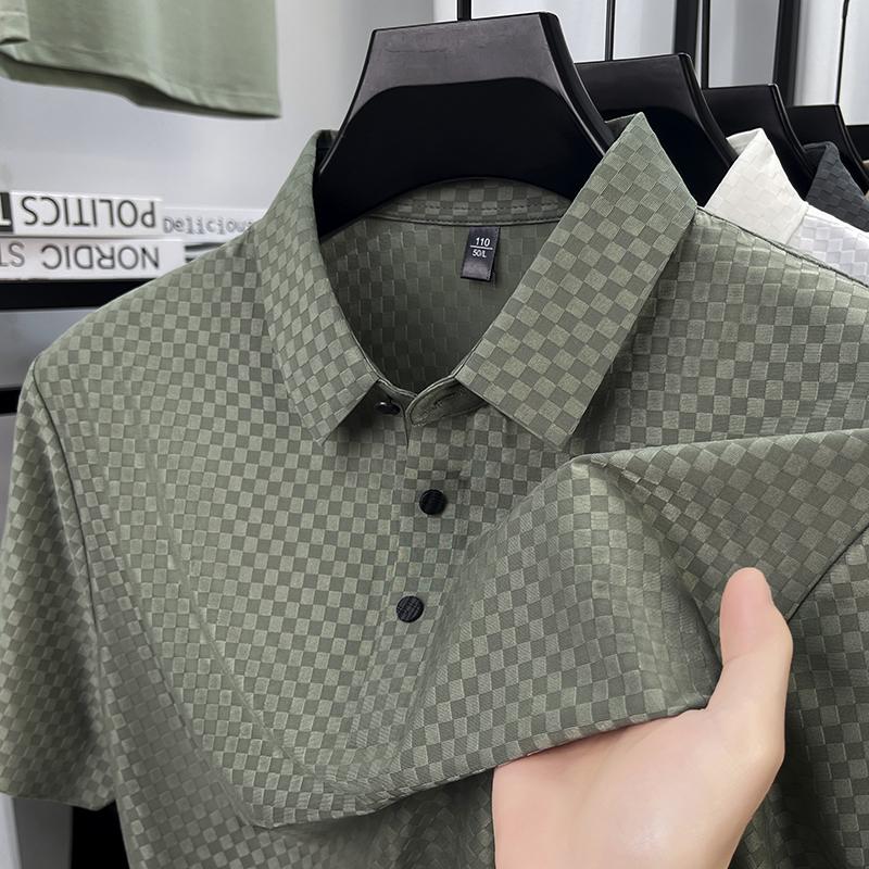 High-quality Men's Polo Shirt Lapel Plaid Solid Short-sleeve Non-iron Seamless T-shirt Summer Business Fashion Trend Menswear
