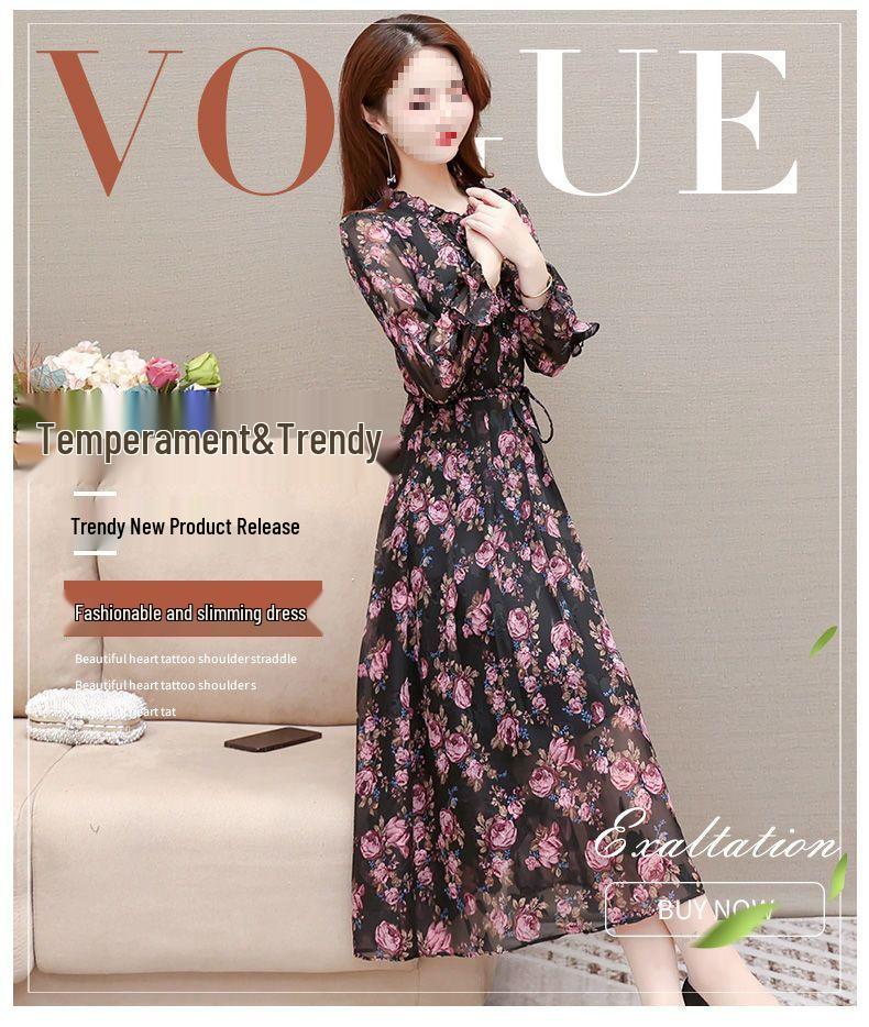 Women's Mid-Length Floral Chiffon Spring Dress - Waist-Slimming, Over-the-Knee, Long-Sleeved Fashion