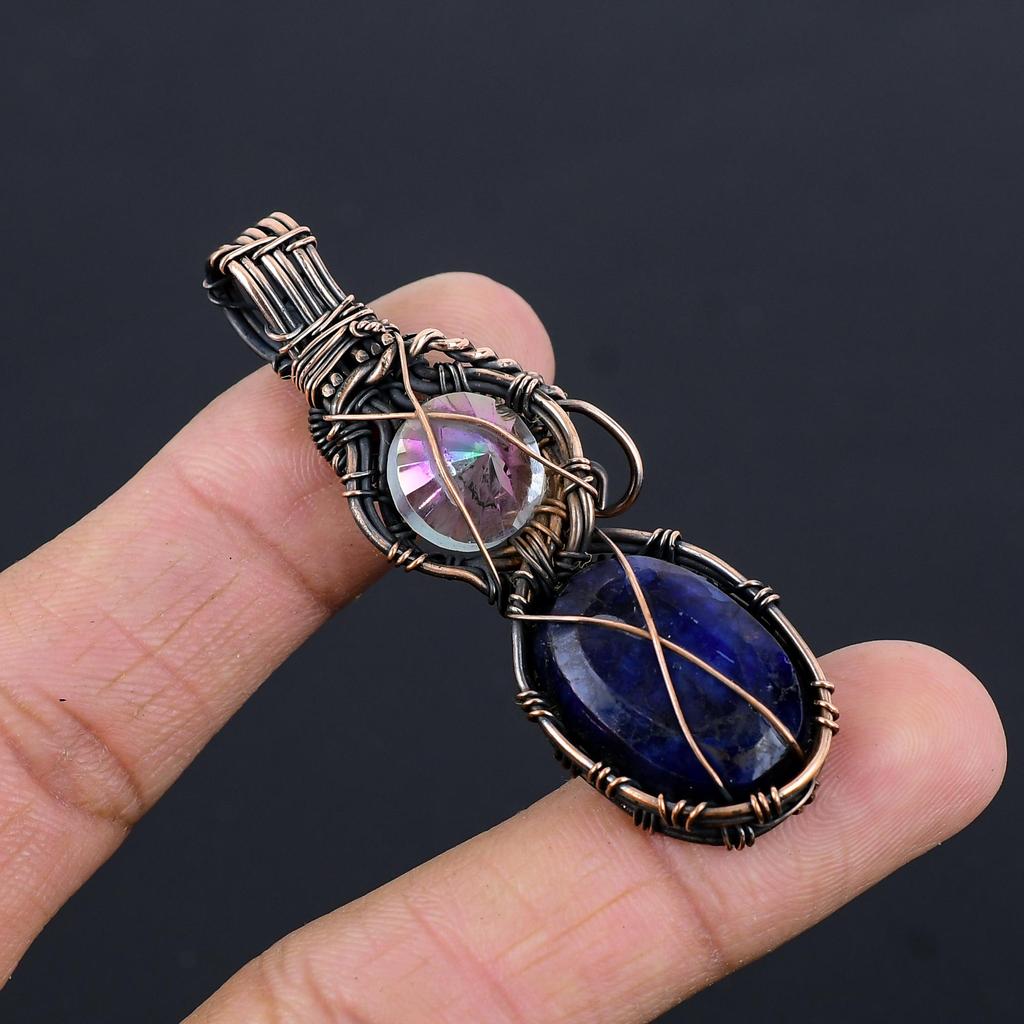 Blue Sapphire Pendant, Handmade Gemstone Pendant, 999 Copper Wire Wrapped Pendant Antique Jewelry, For Engagement Gift