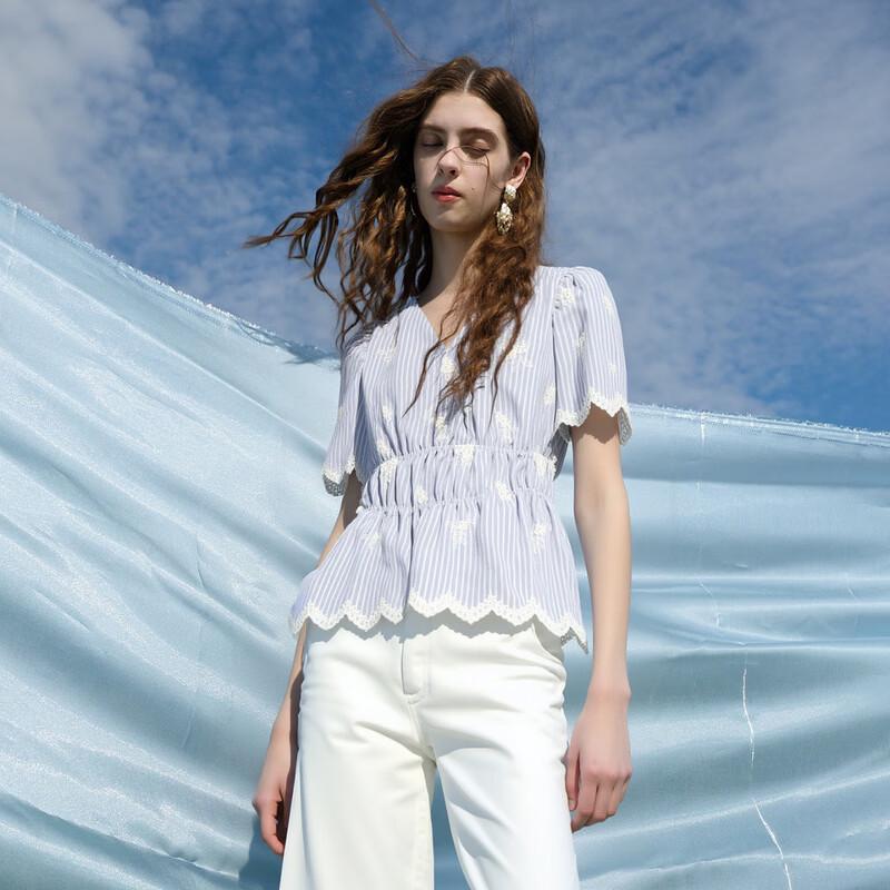 Sancai 2026 Summer Striped Embroidered V-Neck Blouse