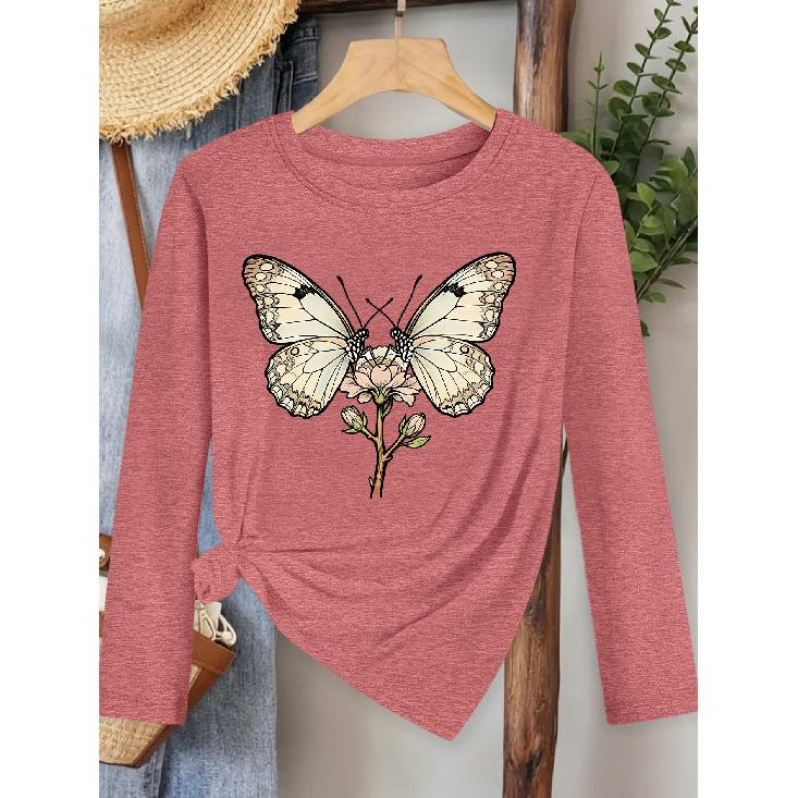 Symmetrical double butterfly floral print long-sleeve vintage round neck T Casual versatile shirt2026Spring and Autumn New