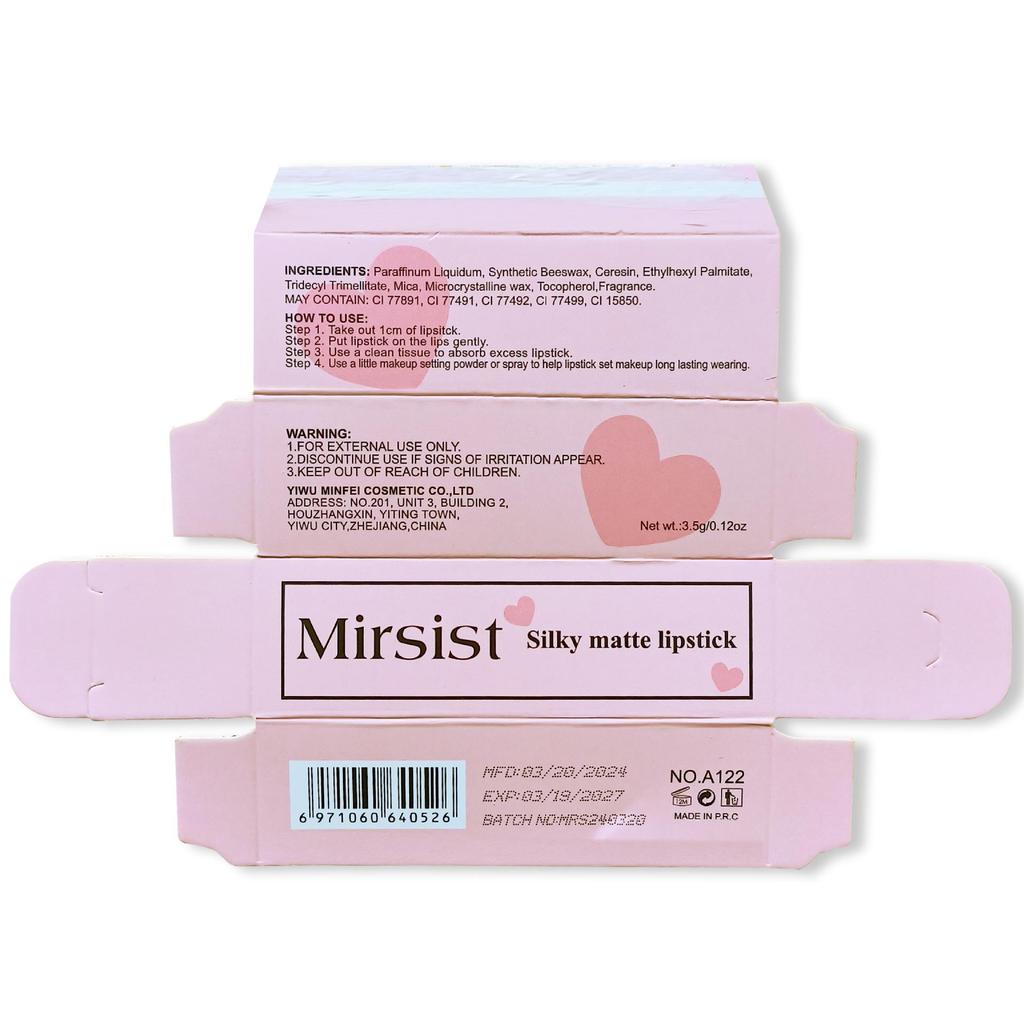 Single Pack Mirsist 6-Color Matte Lipstick: Non-Stick, Waterproof, Long-Lasting, Non-Fading, Whitening.