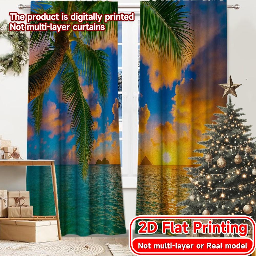 

Set Of 2 Flat Printing Curtains Without Rod Island Sunset Festival Creative Durable Polyester Fabric All Curtain W100*H70(CM)-Hooks&1PCS