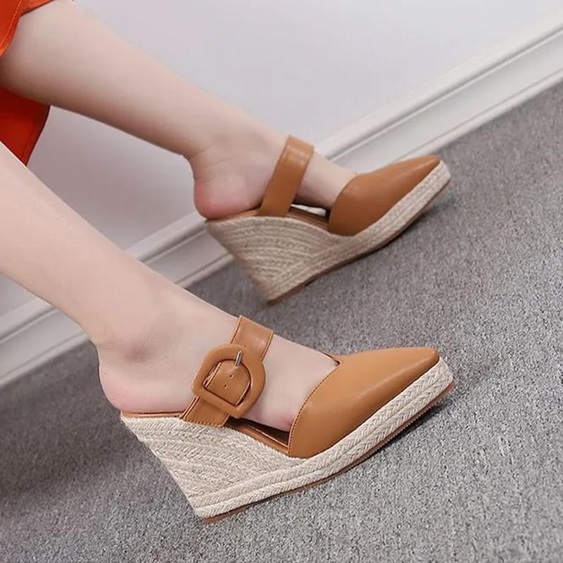 2025 Summer Shoes Women Platform High Heels Sandals Brand Ladies Wedges Sandals Pointed Toe Black Pink Yellow Big Size 42 A43540