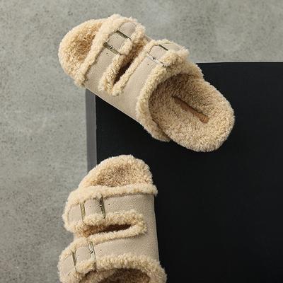Slippers Women's Outer Wear Winter 2024 New Fashion Versatile Belt Buckle Soft Leather Comfortable Plush Thick Bottom Fluff Mop