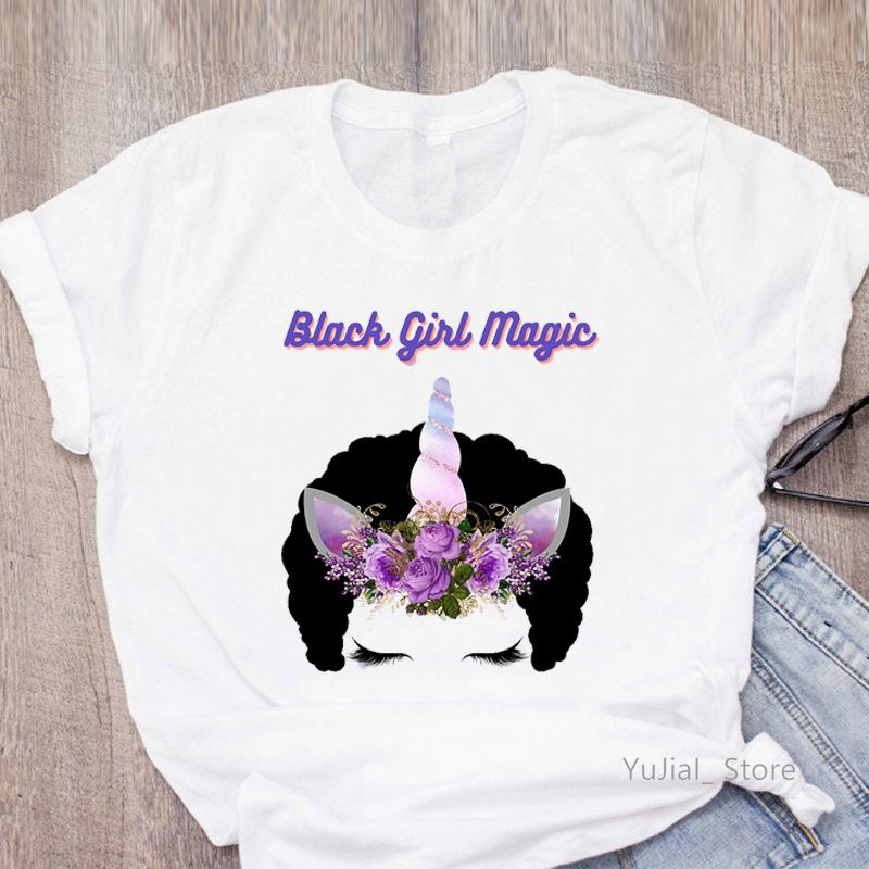 2025 Tshirt Women Black Girl Magic Unicorn Graphic T Shirt Girl Femme Flowers Purple Rose Female T-Shirt Streetwear