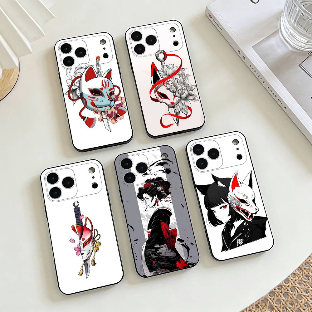 Japanese Samurai Geisha Phone Case For iPhone 17,16,15,14,13,12,11 X XR Plus,Soft Silicone Black Cover