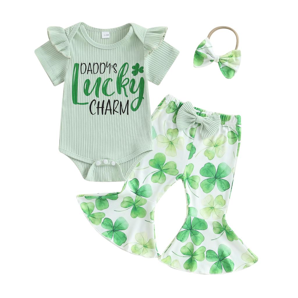 Baby Girls Irish Clothes Short Sleeve Letter Print Romper with Shamrock Print Flare Pants and Headband