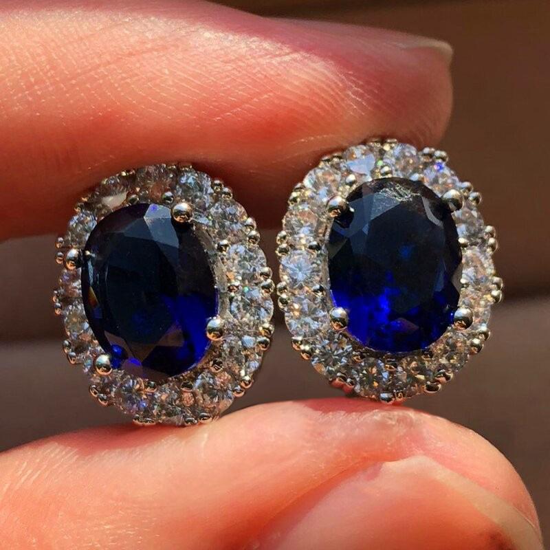 Oval Halo Stud Earrings Multi Color Faceted Center Stone Round Border Ear Studs for Women Wedding Formal Jewelry