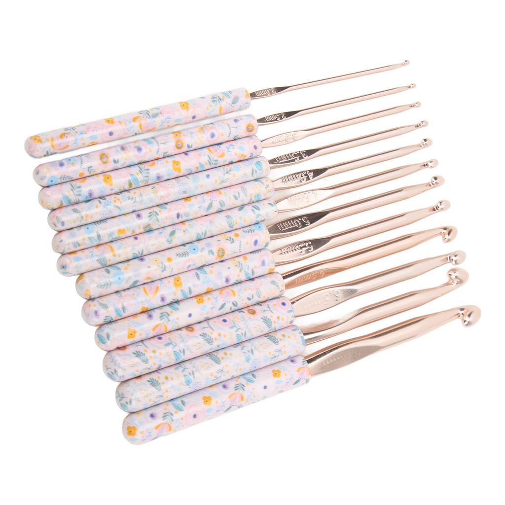 Crochet Needles Set Aluminium 12 Sizes Elegant Ergonomic Plastic Blue Flower Stamped Handle Crochet