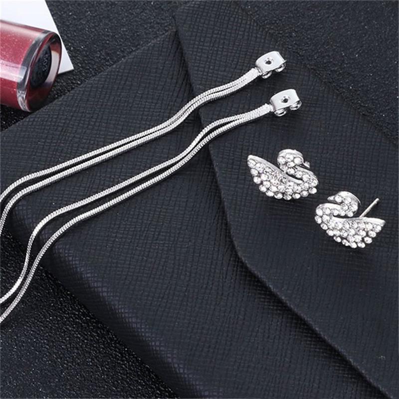 Shiny Black Diamond Zircon Swan Long Tassel Earrings Fashion Elegant Eardrops Women Wedding Jewelry