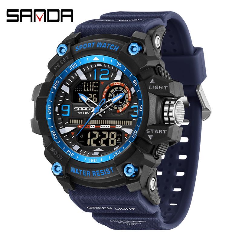 SANDA Youth Waterproof Sports Watch - Cool Trendy Multi-functional Dual Display in Black Technology Design