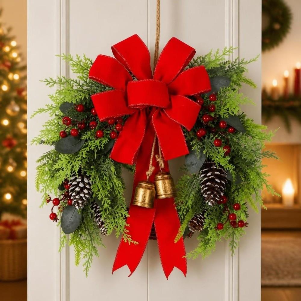 Bowknot Christmas Wreath Bell Hanging Wreath Decoration Artificial Berry Wreath Mantelpiece Decor