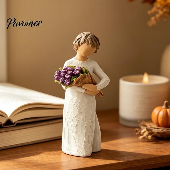 Flower Bouquet Resin Art Girl Holding Figurine, Faceless Lady Statue, Romantic Desktop Ornament for Small Statue Entryway Table Living Room