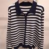 Shop   Women S Collared Button Striped lS Knit Cardigan Black 21dS Wcd260094