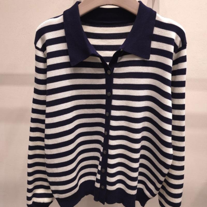 Shop Women S Collared Button Striped lS Knit Cardigan Black 21dS Wcd260094