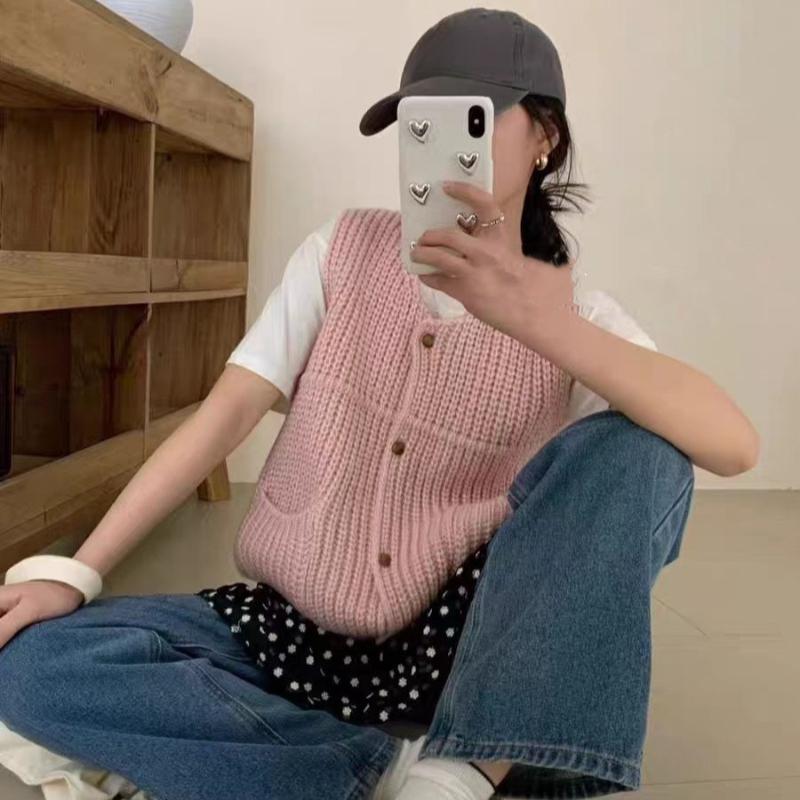 Autumn Retro Solid Knitted Sweater Vest Coat Women Winter Fashion Sleeveless Casual Cardigan Sweaters Woman Elegant Office Lady Knitwear Vests 24820