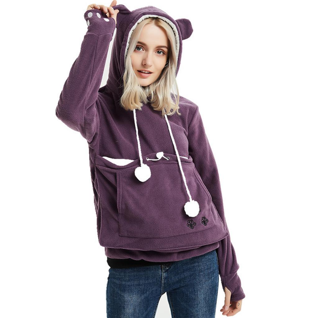 Women's Fashion Casual Top Solid Color Long Sleeve Pet Pocket Hoodie Sweatshirt