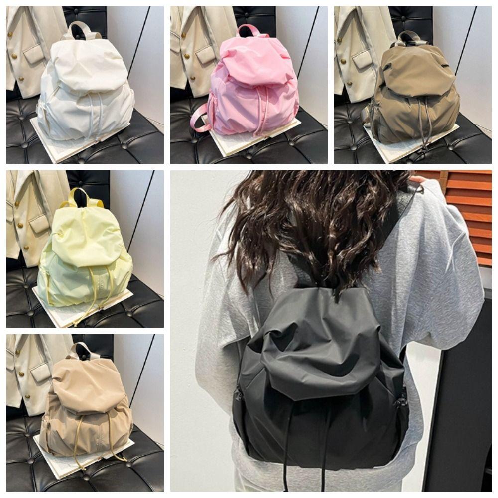 Pleated Nylon Backpack Solid Color Sports Shoulders Bag Casual Drawstring Backpack  College