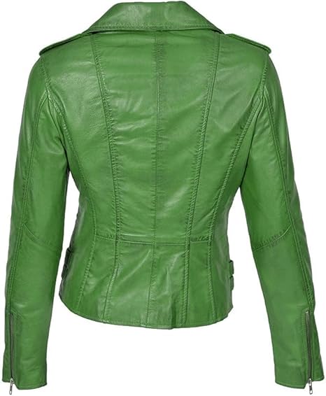 Lambskin Leather  Women's Jacket Green Stylish Genuine Handmade Biker Motorcycle Soft