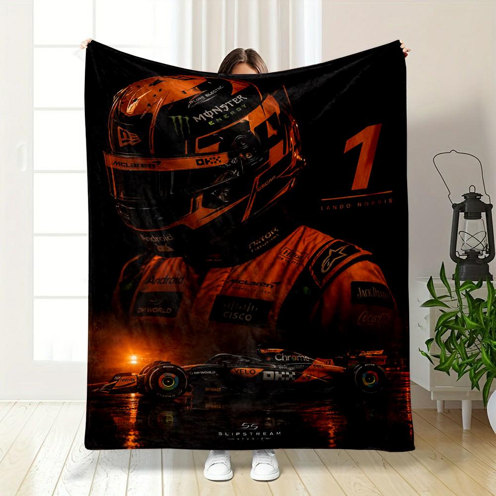 Lando Norris McLaren #1 Orange Helmet Dark F1 Racing Warm Printed Blanket for Living Room Couch