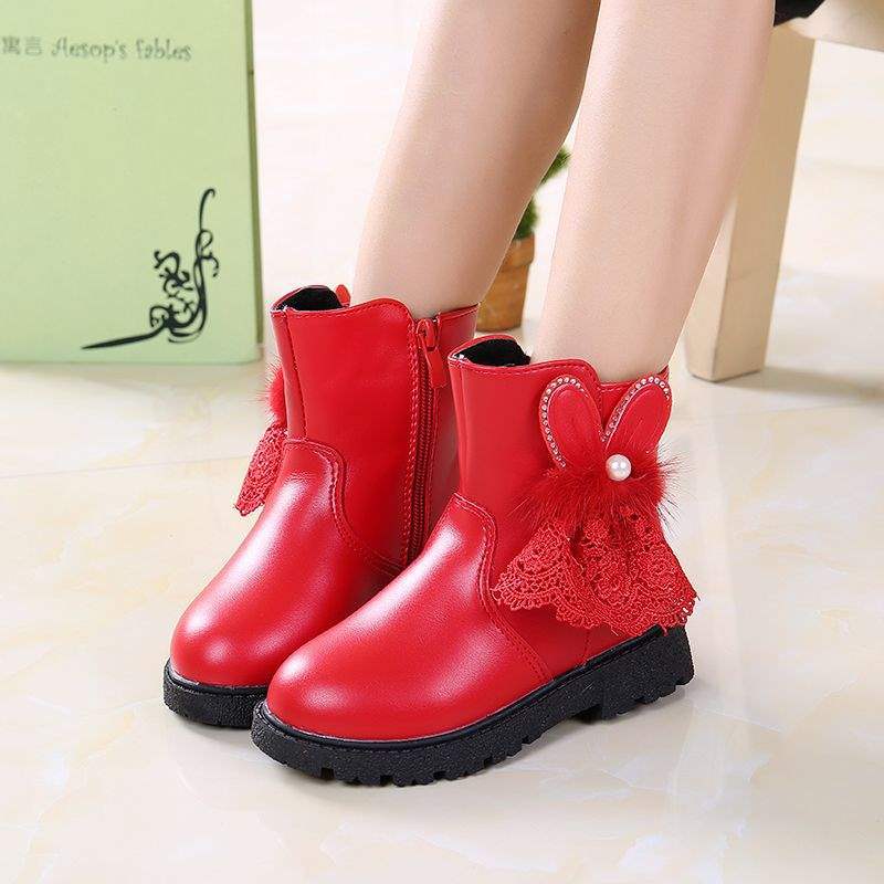 Mädchenschuhe Stiefel Kinder Kurzstiefel Herbst und Winter 2025 neue Baumwollstiefel Prinzessin zwei Baumwollschuhe Samt warm Spitze Kaninchen
