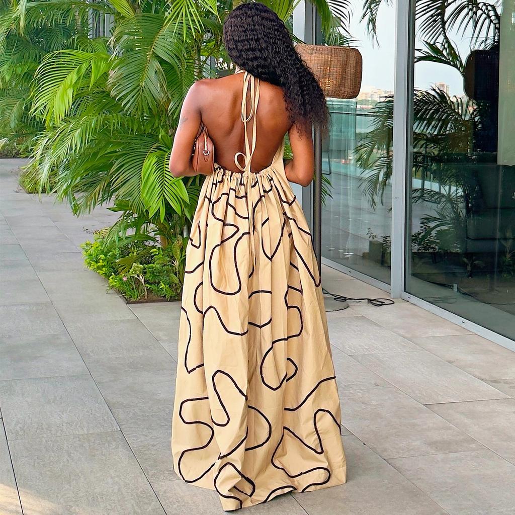 European and American Summer New African Casual Women's Clothing Neck Backless Loose Printing Dress
