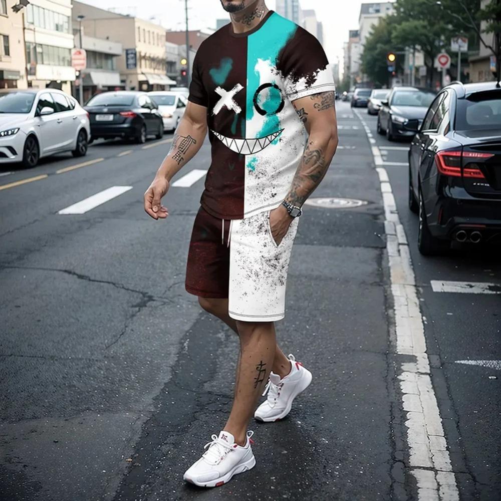 3D Demon Face Print Men Short Sleeve T-Shirt Shorts Two Piece Sets Hip Hop Trend Harajuku Streetwear Summer Casual Outfit