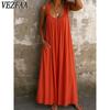 Women's Fashion Summer Spring Solid Color Print Sleeveless V-Neck Loose Waistlinet Casual Dresses