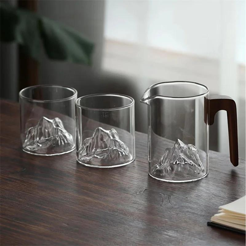 Japanese Style 3D Mountain Bottom Glass Tea Fair Cup With Wooden Handle Tea Pitcher Kung Fu Puer Teacup Teaware