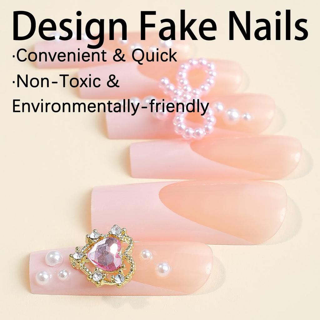 Spicy Heart XXL French Pearl Bow Nail Art Patches – Extra Long Wearable Fake Nails