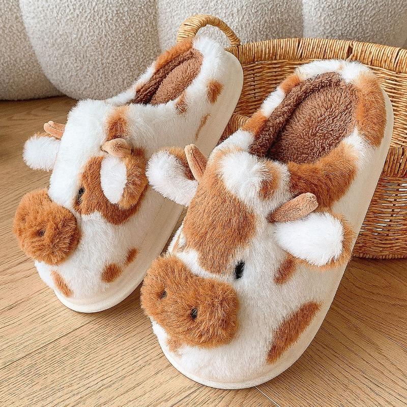Fashion Women's Plush Slippers Winter Warm Cartoon Cow Slippers Closed Toe Non Slip Furry House Shoes Women Indoor Bedroom Slippers