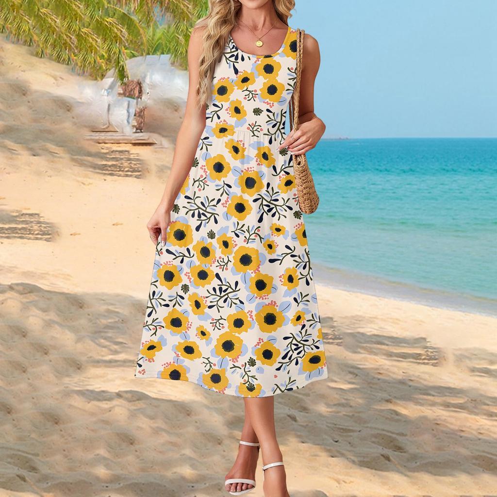 Fashionable Women's Summer Dress with Gradient Print, Elegant Casual Wear, Beach Vacation Sun Skirt with Pocket