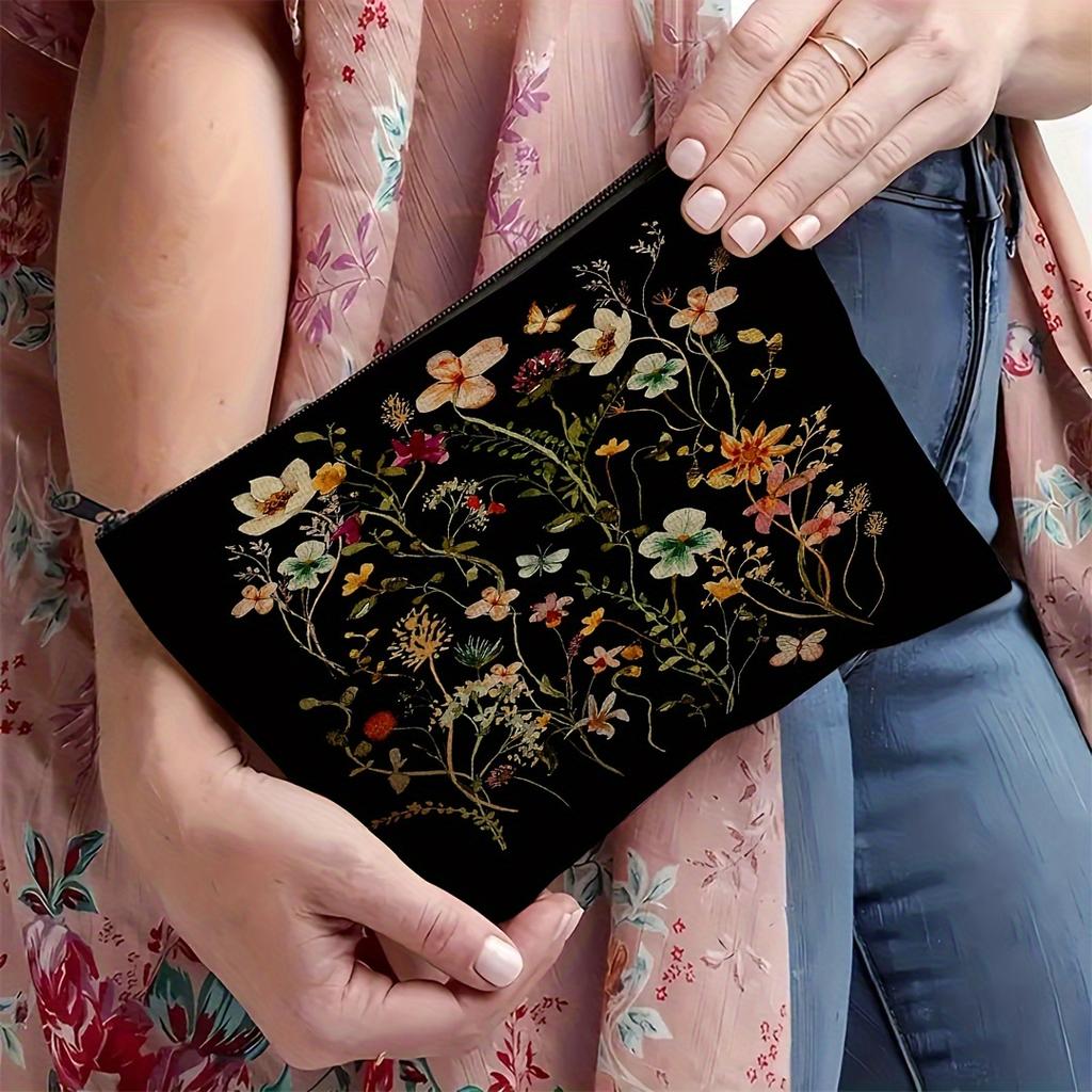 Durable Polyester Chic Black Floral Makeup Bag with Zipper Versatile for Travel, Vacation, Business Outdoor Use Cosmetic Pouch