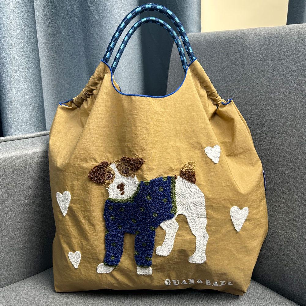 2024 Japanese-Style Cute Dog Embroidered Nylon Eco-Friendly Shoulder Shopping Bag