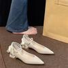Fashion Stylish Square Heel Single Shoes Women's Pointed Toe Shallow Mouth Beaded Bow Non-Slip Low Heel Shoes