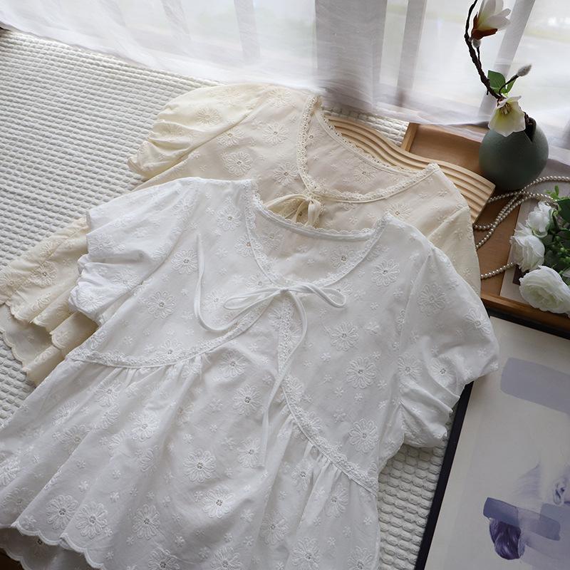 2025 Summer Korean Lace V-Neck Tie-Up Embroidered Short Sleeve Women's Shirt