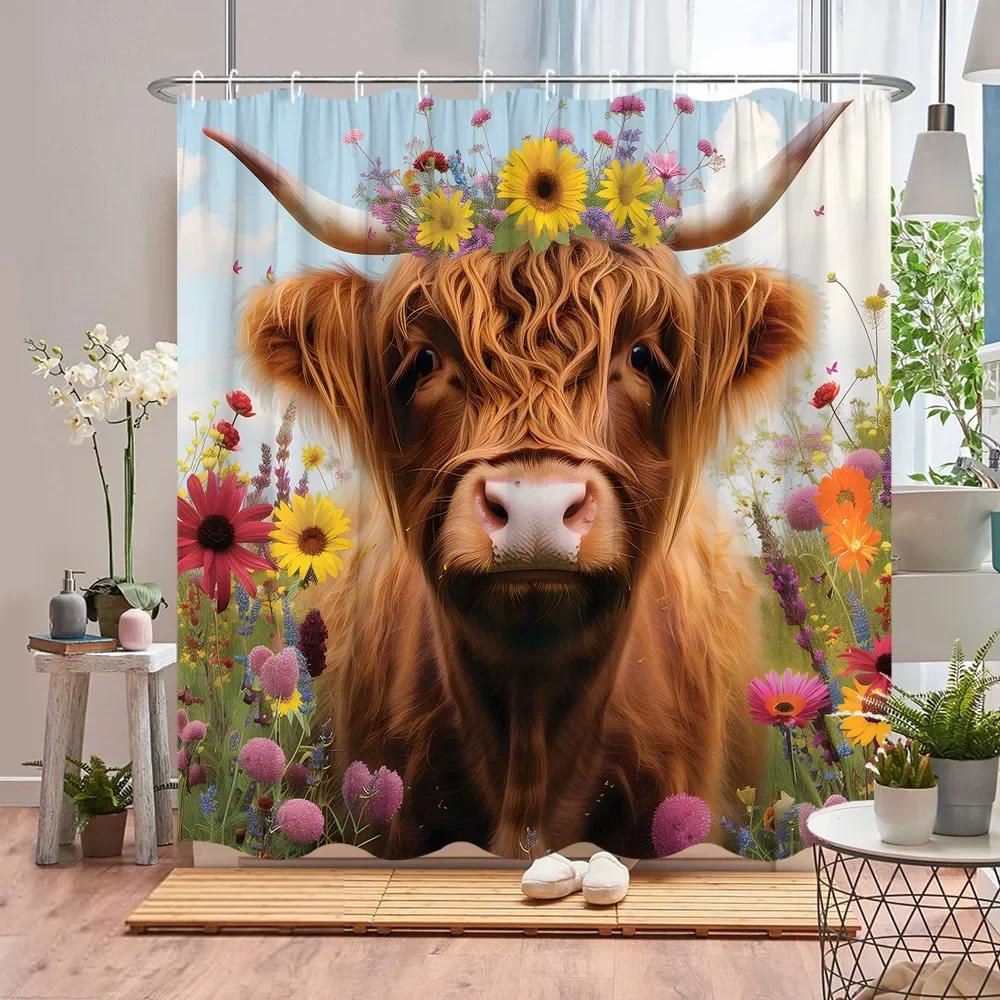 Wildtier Duschvorhang Blume Pflanze Löwe Kuh Tiger Dschungel Szenerie Cartoon Bauernhof Zuhause Polyester Stoff Badezimmer Dekor Vorhang Set