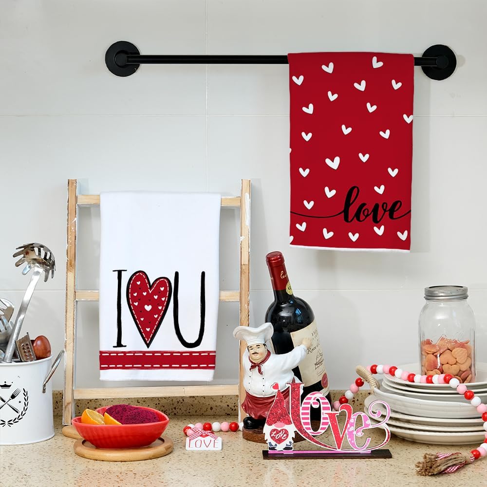 ARKENY Valentines Day Kitchen Towels Red Heart Dish Towels 18x26 Inch Ultra Absorbent Wedding Drying Cloth I Love U Sign Hand Towel for Valentine