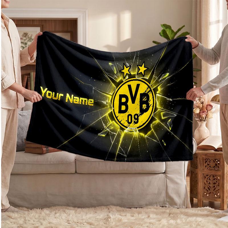 Borussia Dortmund Personalisierte Fleecedecke Mit Fußballlogo, Individueller Name Text Weiche Warme Wohndecke