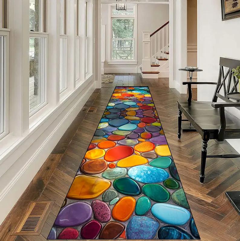 Colorful Pebble Pattern Runner Rug 3D Visual Illusion Carpet Stone Print Non-Slip Mat for Bedroom Living Room Hallway Home Decor