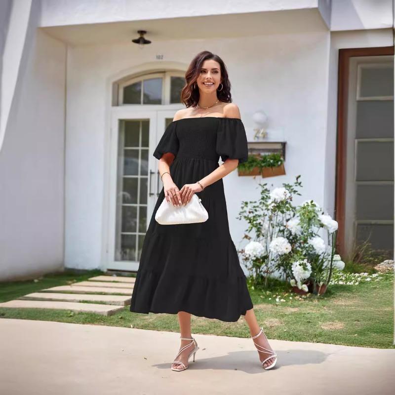 Popular Women's Square Neck Backless Bubble Sleeve Pleated Short Sleeved Dress