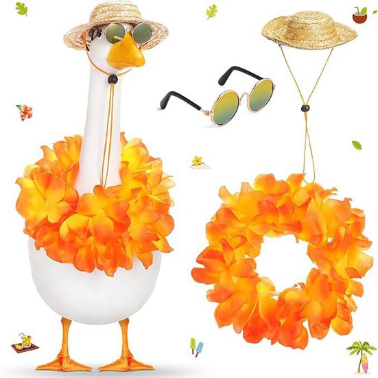 Hawaiian Porch Goose Outfits Summer Lawn Goose Costume Straw Hat And Hawaiian Lei Sunglasses Set for 23/17'' Lawn Patio Goose Statue