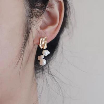 Natural Keshi Broken Silver Petals Baroque Pearl Stud Earrings Design Personalized Metal Ins Style Girly Silver Needle