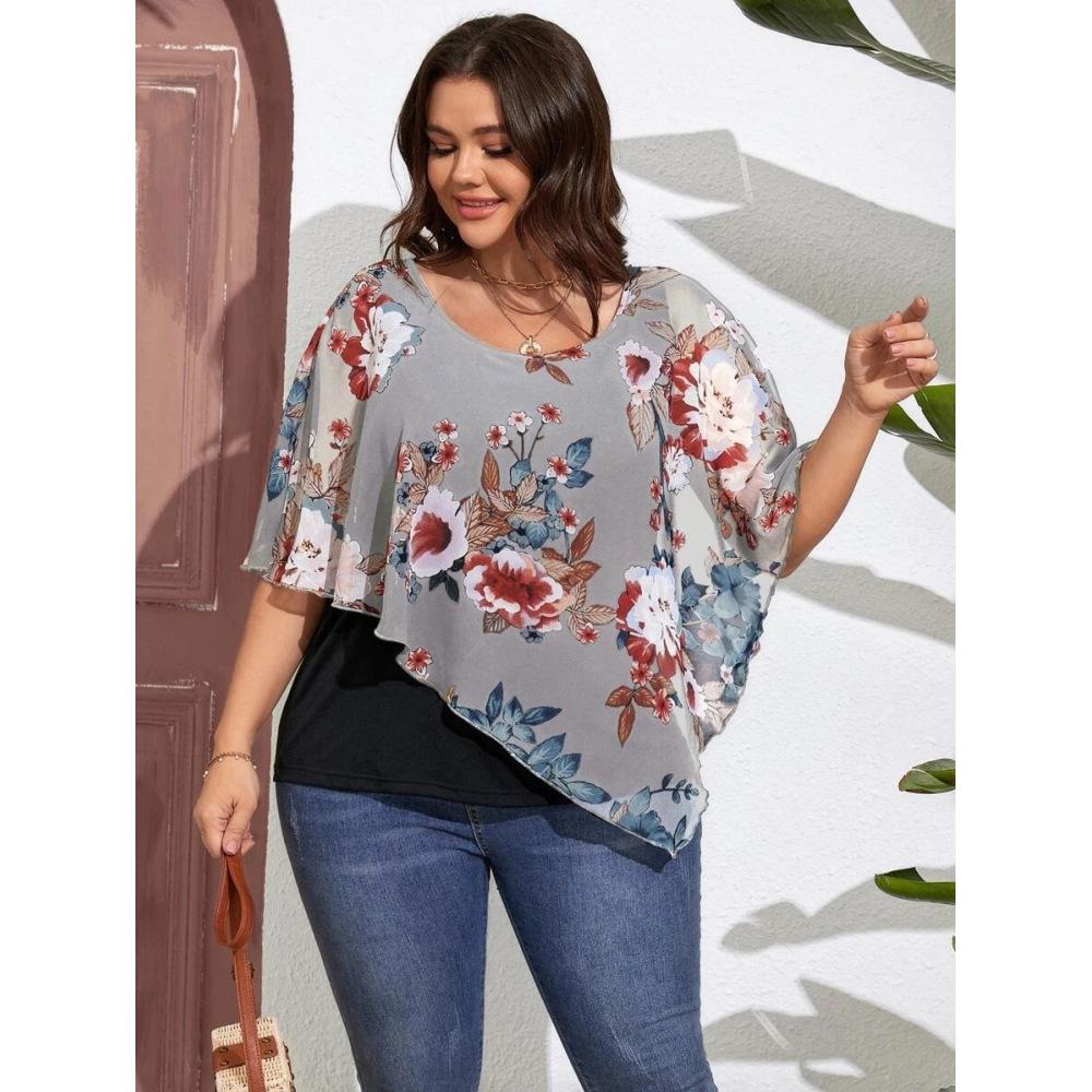 Plus Size Women's Chiffon Shawl Fake Two Piece T-Shirt
