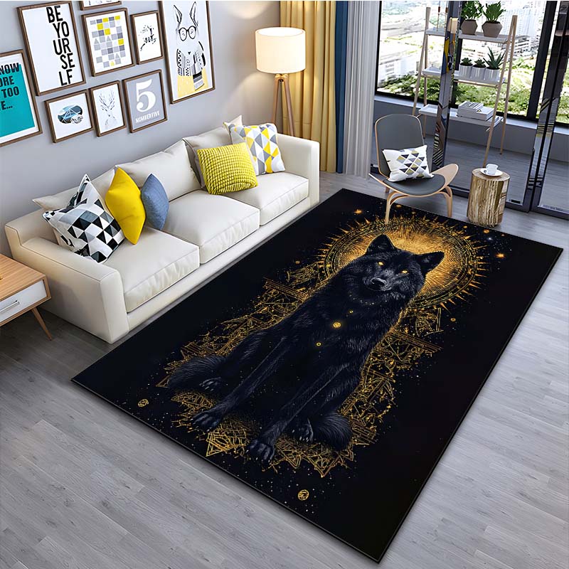 Black Wolf Pattern Area Rug–Stylish Carpet for Living Room or Bedroom – Non-Slip Bedside Floor Mat, Cool Home Decor Gift for Men