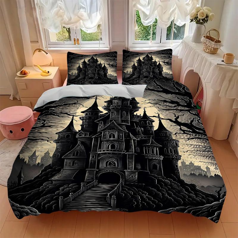 3pcs Castle Night Bedding Set, Includes 1 Comforter + 2 Pillowcases, Without Pillow Inserts, Soft Comfortable, Lightweight Breathable, Print