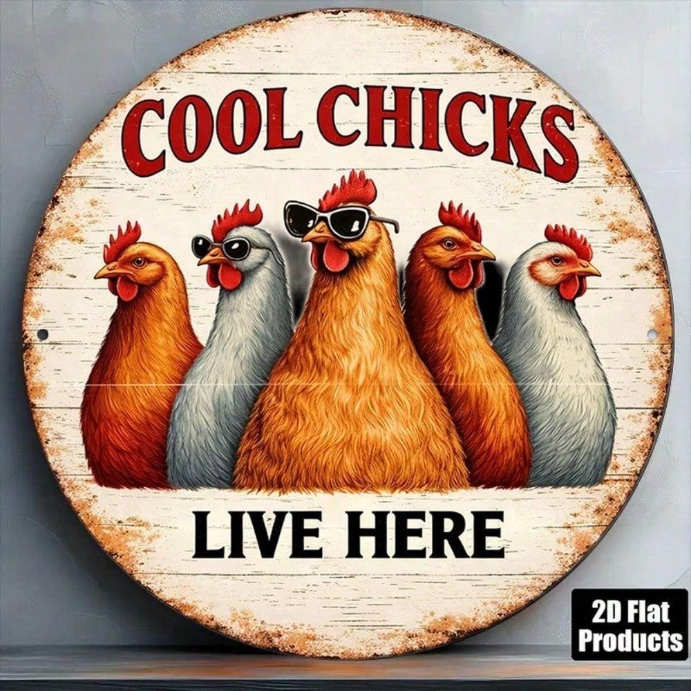 Vintage Round Metal Chicken Sign Wall Art Kitchen Decor